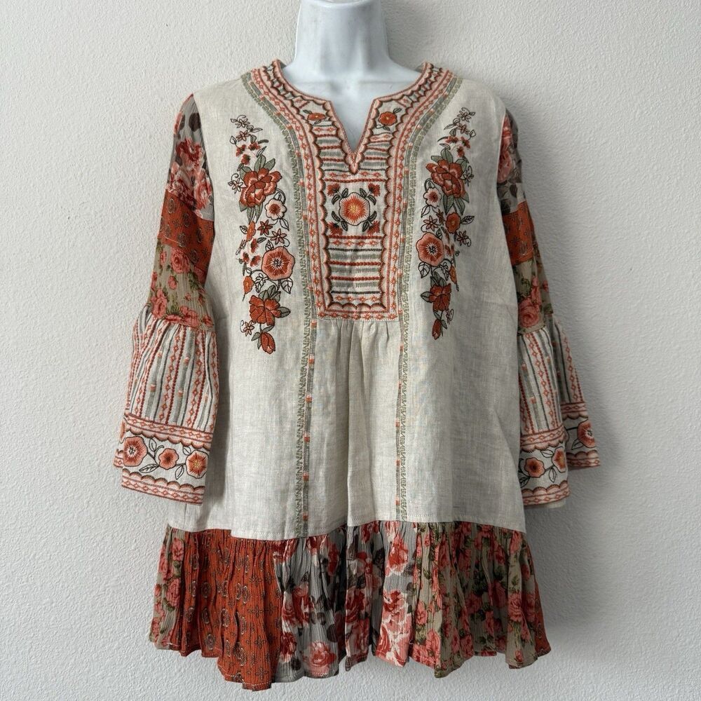 John Mark Linen Boho Top XS Floral Embroidered Flare Bell Sleeves Coastal Beach